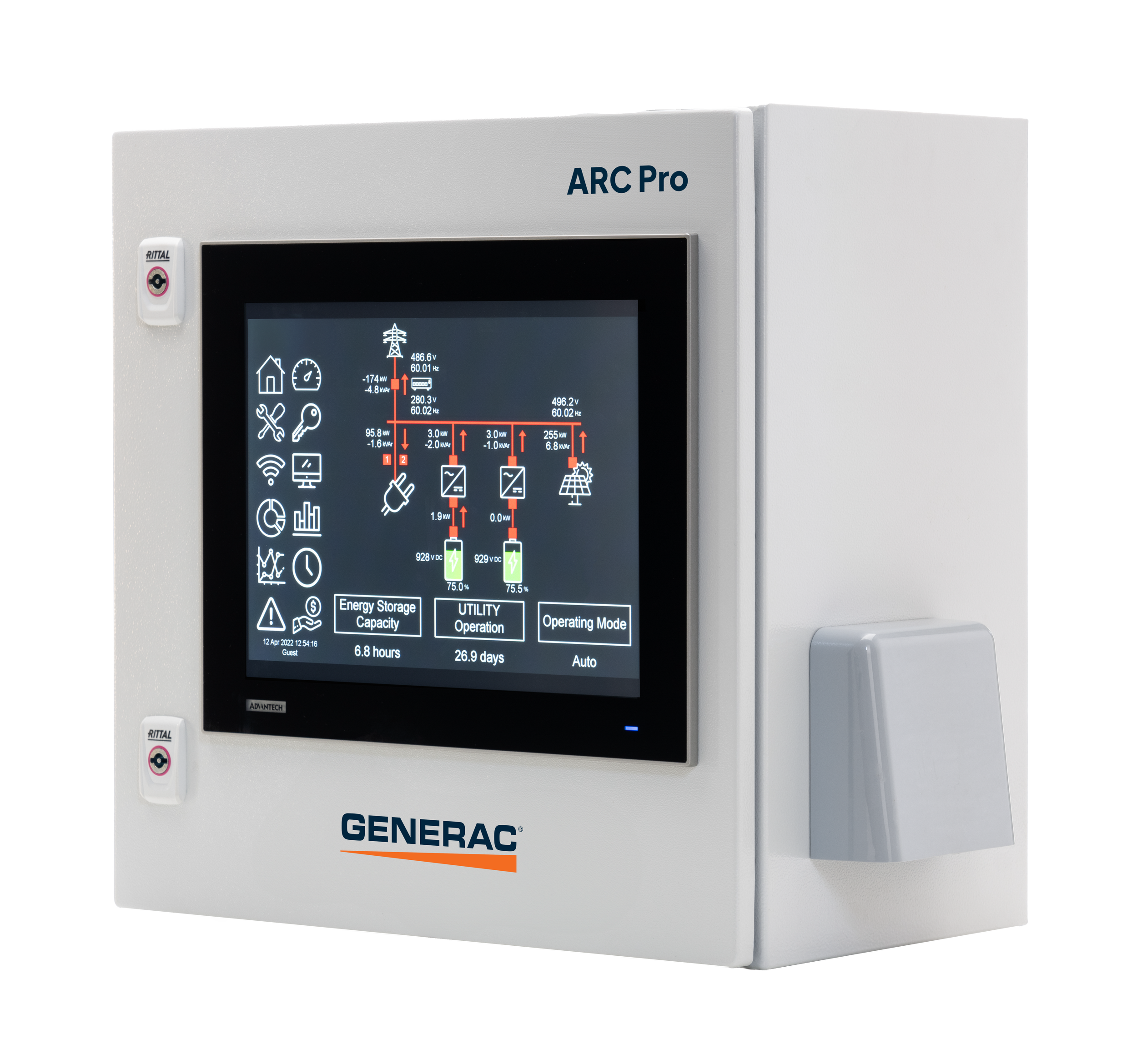 Generac ARC Pro device with digital display showing electrical system information, brand logo at the bottom.