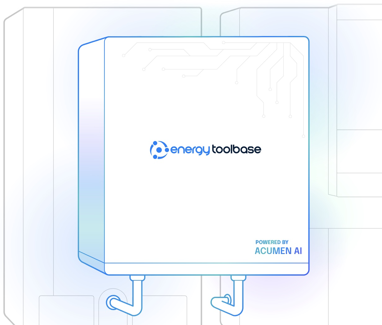 Line drawing of a white energy device with blue accents, labeled 'energy toolbase' and 'powered by Acumen AI', with two electrical output cables at the bottom.