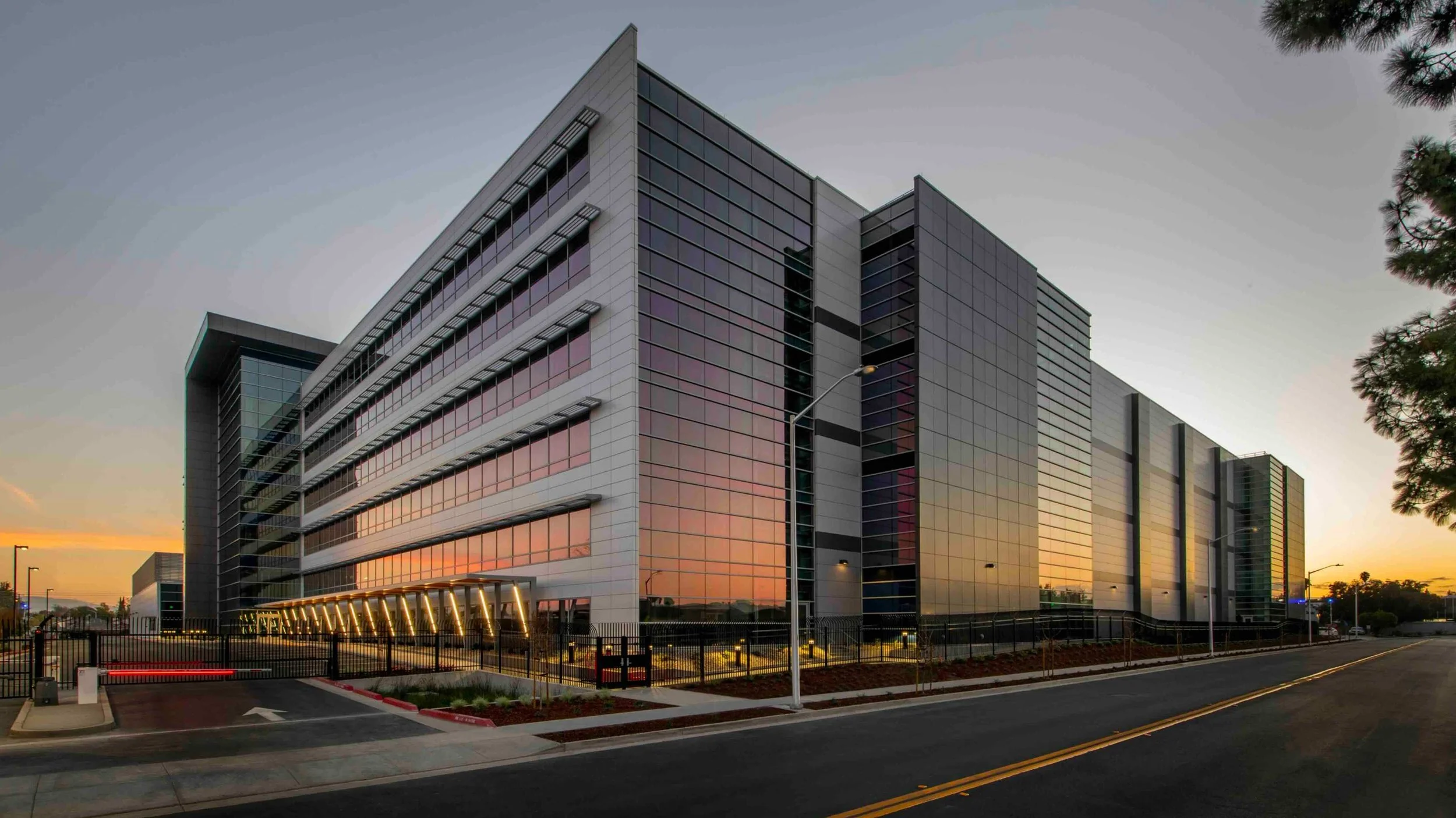 Commercial building at sunset