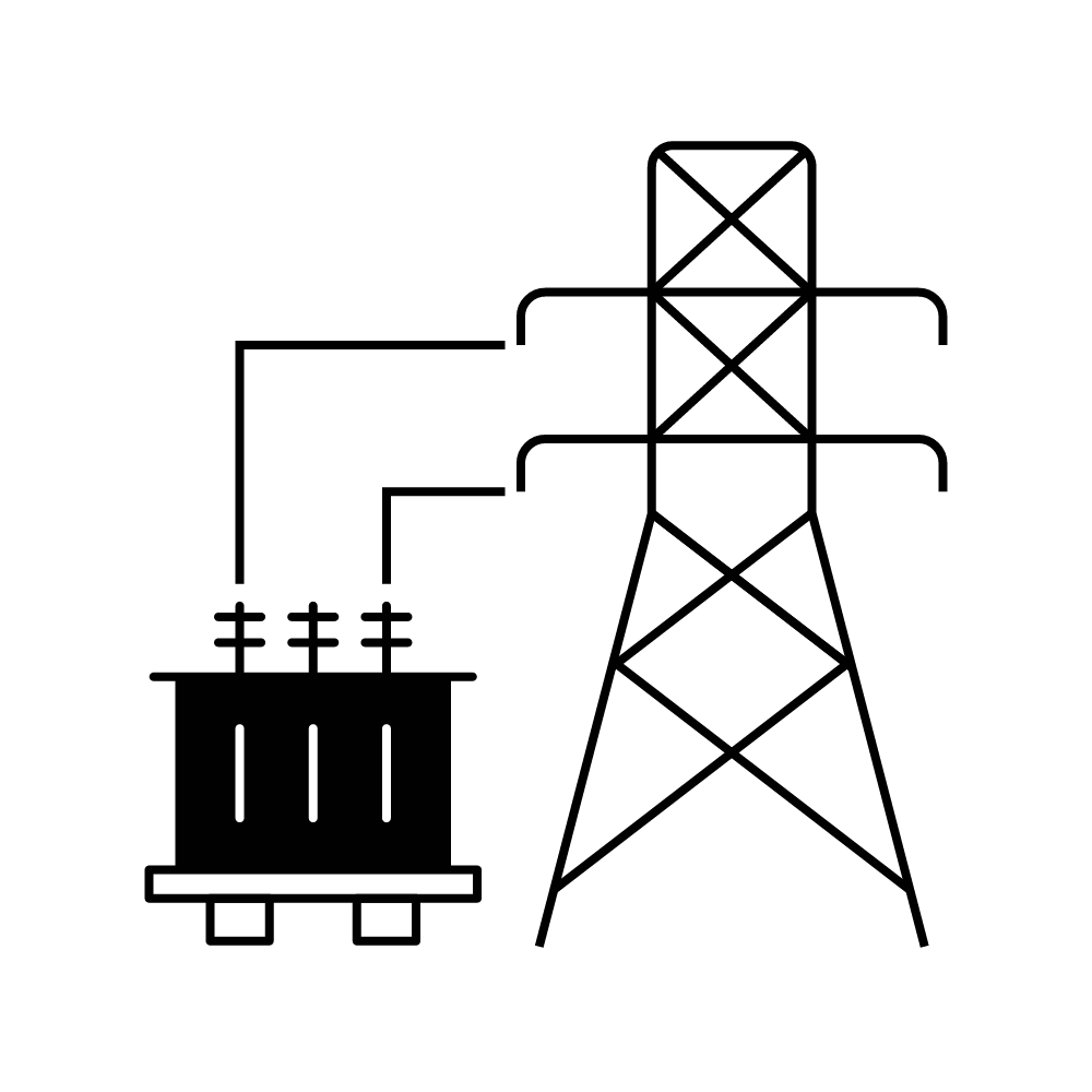 Outline of a utility pole with wires, a transformer, and a power substation with three lit vertical lines.
