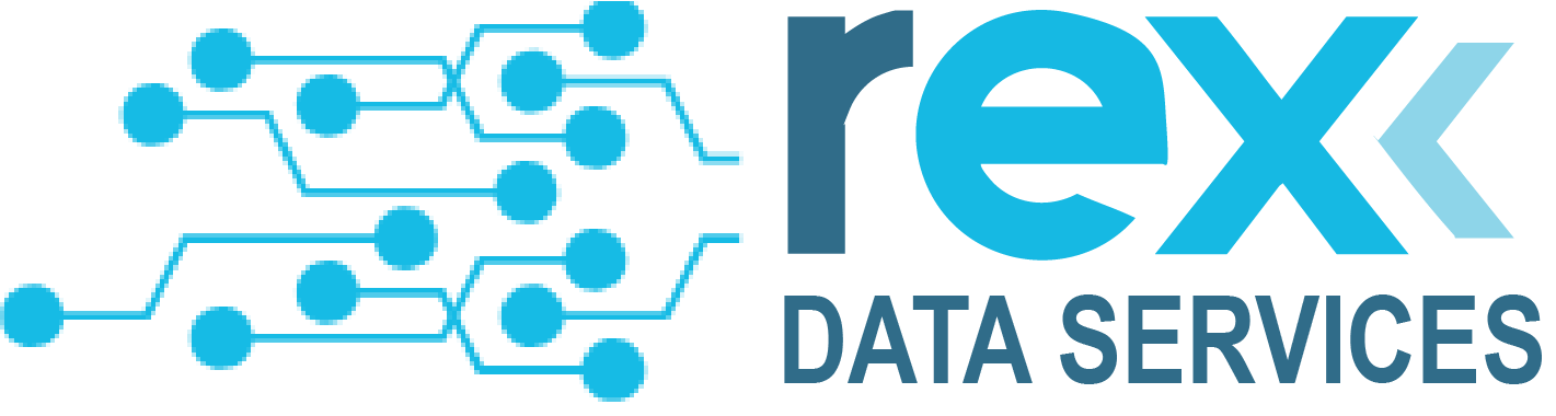 Logo for Rex Data Services, featuring a circuit board design with interconnected blue dots and lines on the left, and the company name in bold blue and teal text on the right.