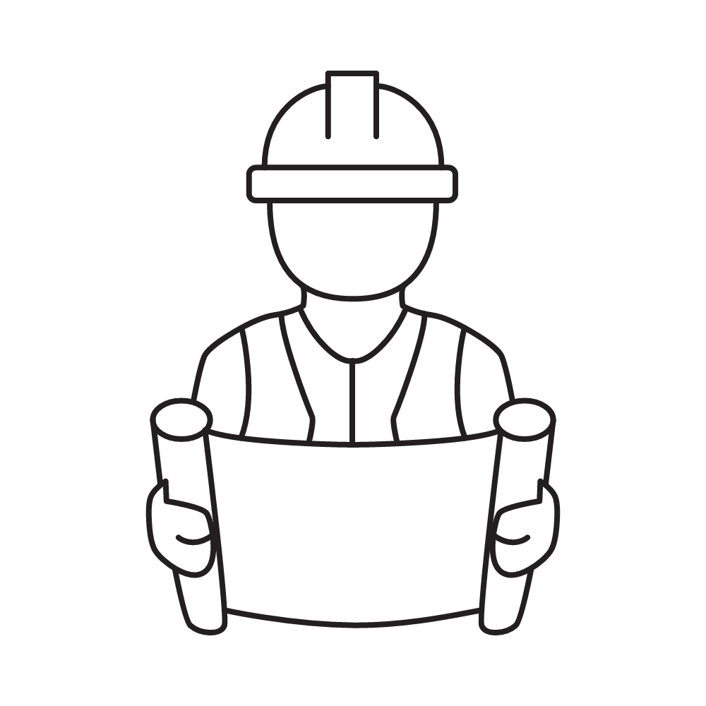 Outline drawing of a construction worker wearing a hard hat and holding a blueprint.