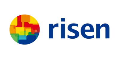 Risen logo featuring a colorful circle with puzzle pieces and the word 'risen' in blue text