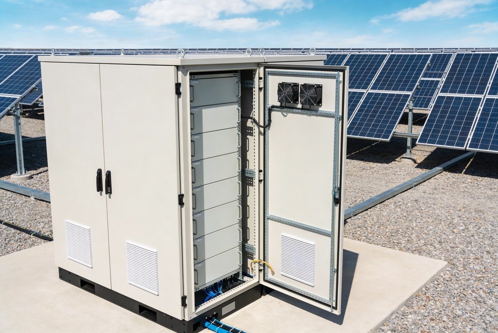 Battery storage close up with solar