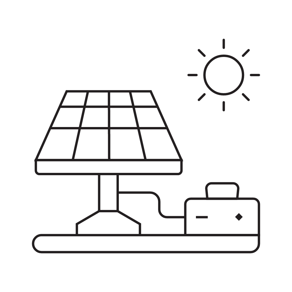 Outline of a solar panel connected to a small battery or power source, with a sun shining above.