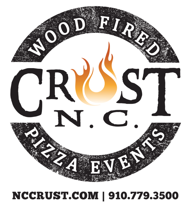 Logo for Wood Fired Crust N.C., a pizza events company, featuring a flame graphic in the center and contact information at the bottom.