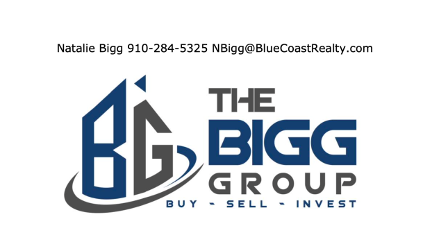 Logo for The Bigg Group real estate company with contact information for Natalie Bigg at Blue Coast Realty.
