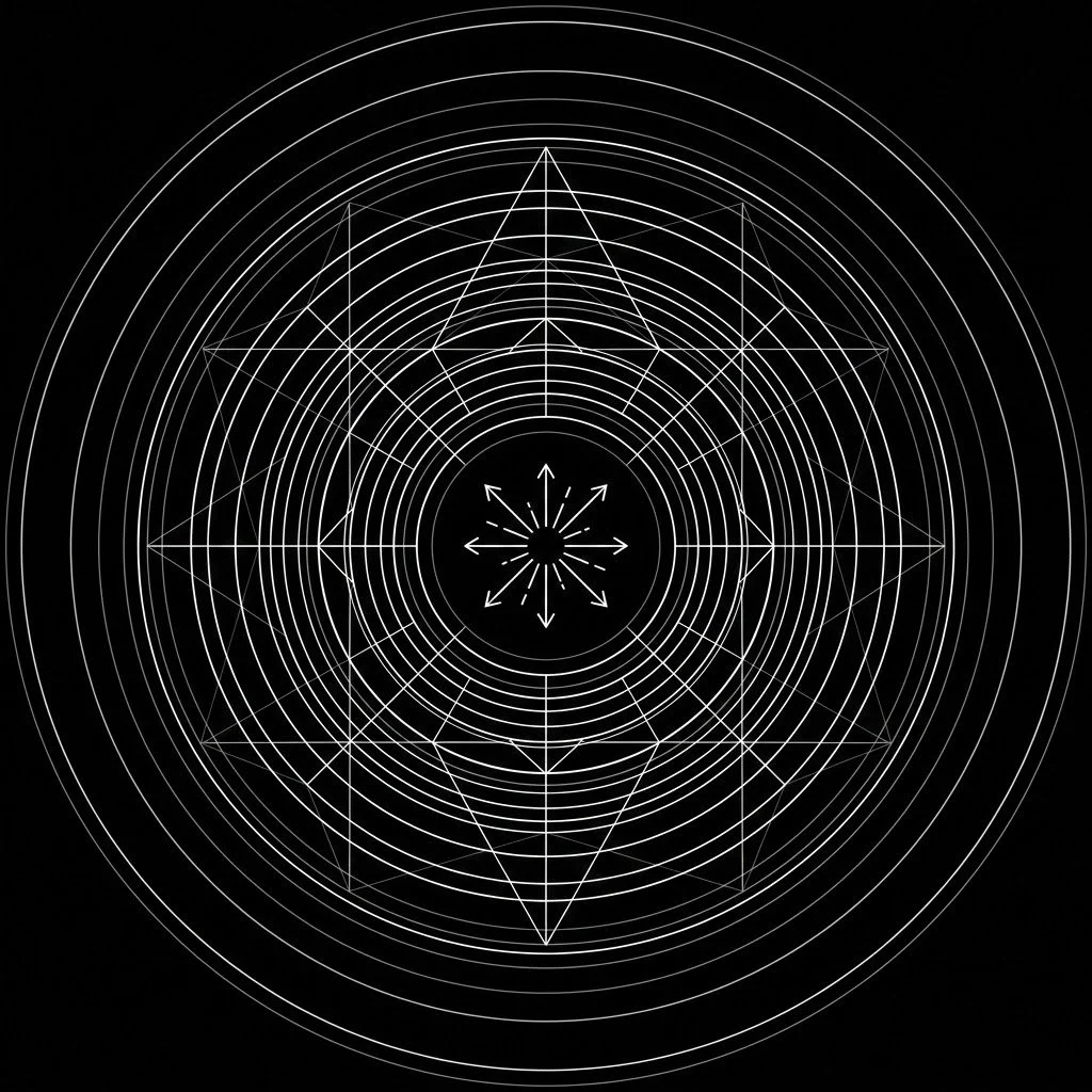 Abstract radiating radar graphic on a black background, representing The Sovereign Ecosystem, an AI-powered digital media network by JEE Média 1.