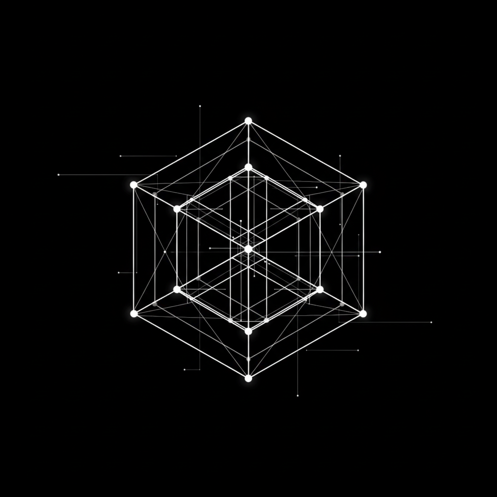 Geometric wireframe tesseract on a black background, representing the JANUS Protocol AI architecture and automated data intelligence by JEE Média 1.
