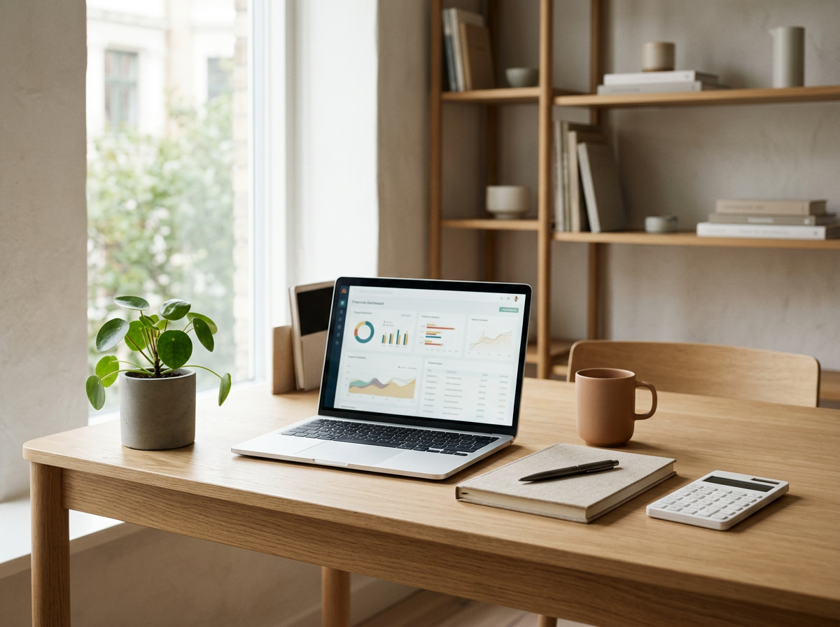 Wooden desk with a potted plant, a laptop displaying analytics charts, a brown mug, a closed notebook with a pen on top, and a calculator. In the background are wooden shelves with books and decorative items and a window letting in natural light.