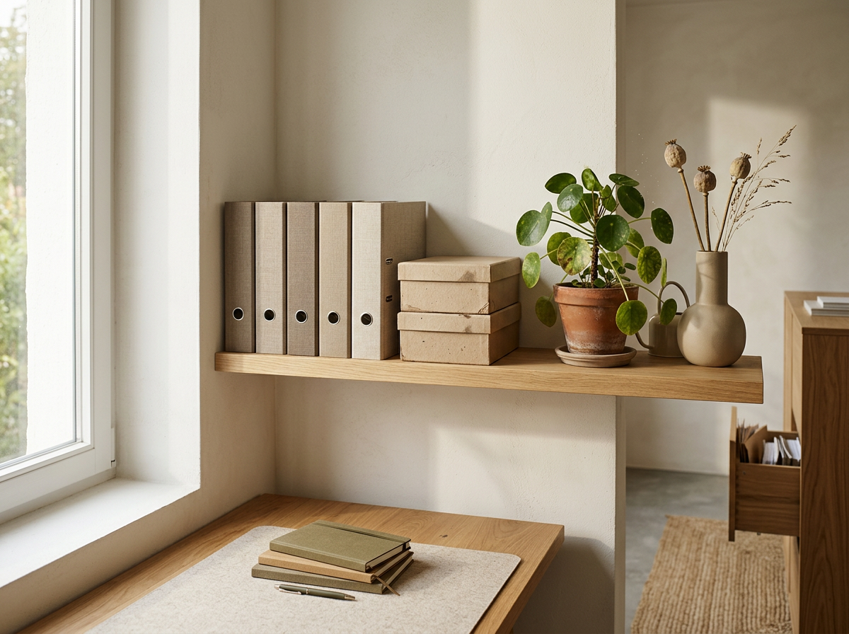 A wooden shelf with beige binders, stacked beige boxes, a potted plant with round green leaves, and two vases with dried flowers, near a window with sunlight.