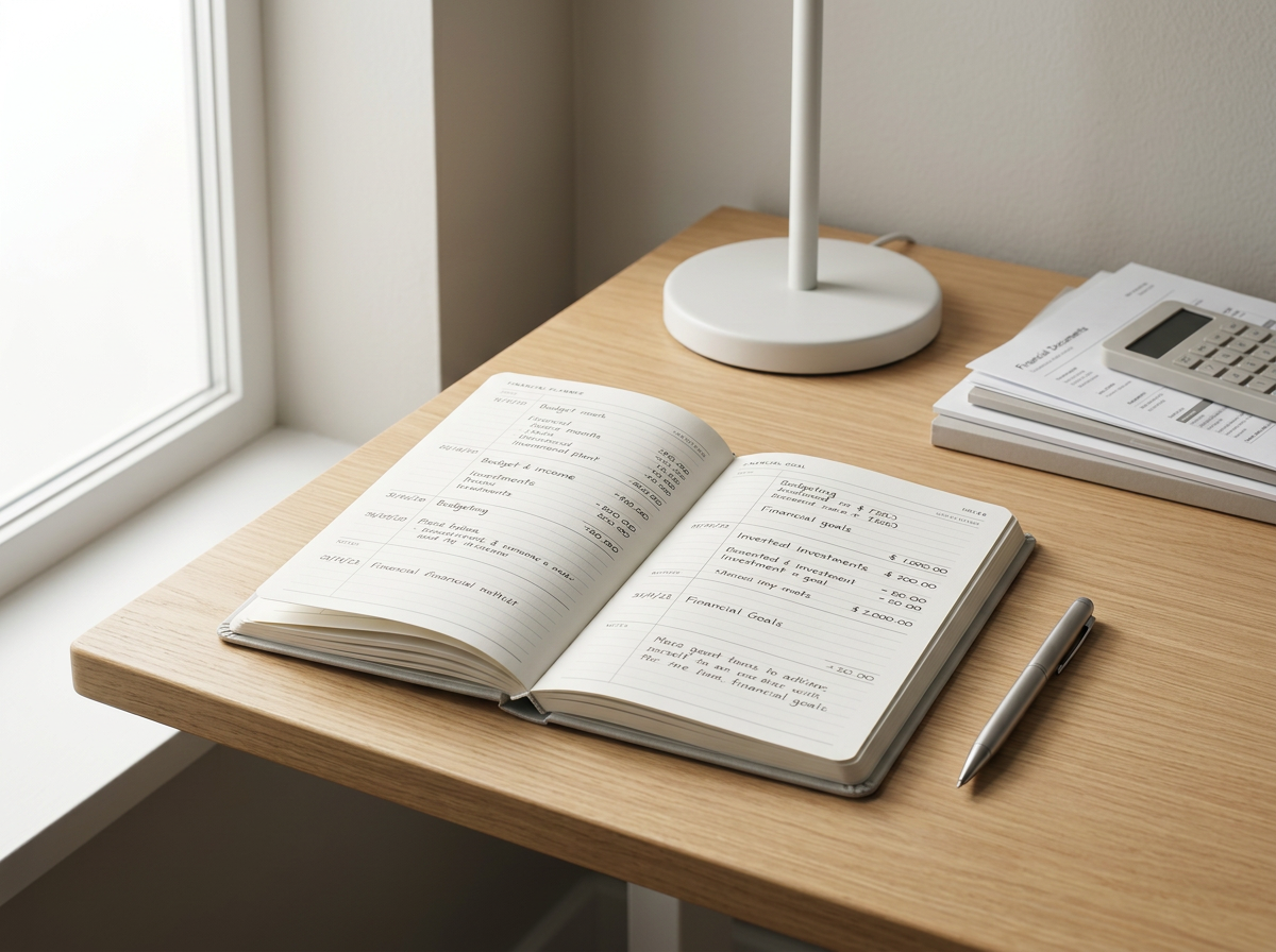Open financial planner notebook with handwritten notes and calculations on a wooden desk beside a pen, a stack of papers, a calculator, and a white desk lamp near a window.