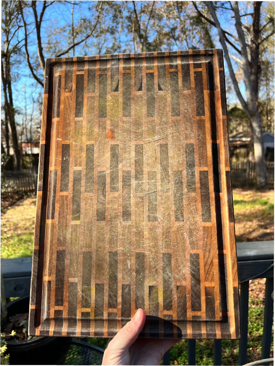 A person holding a wooden tray with a geometric pattern of rectangles in brown, black, and tan colors outdoors on a sunny day with trees and blue sky in the background.
