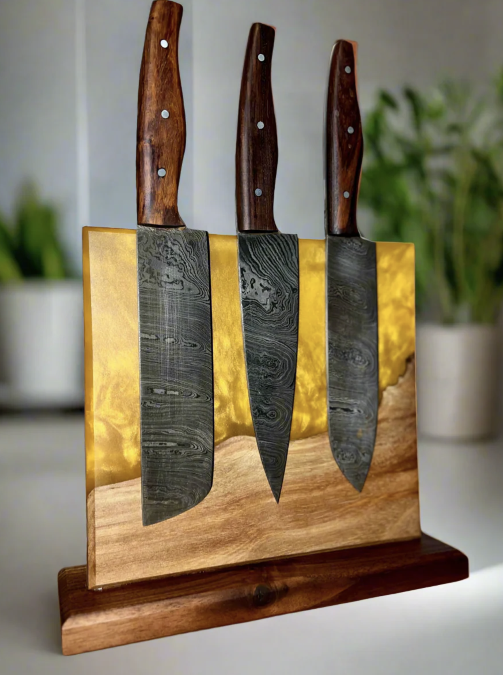 Three kitchen knives with wooden handles displayed on a wooden stand.