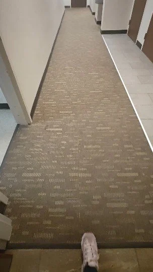 Pasillo de hotel con alfombra beige y puertas a los lados.