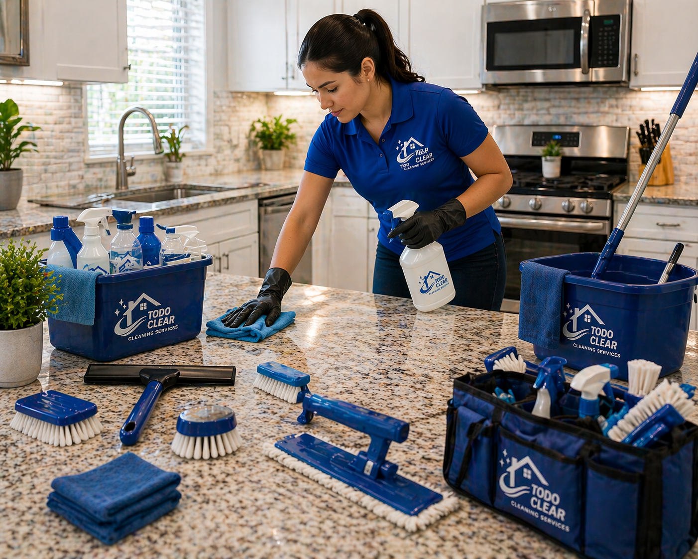 A woman cleaning a kitchen countertop with cleaning supplies and tools around her, wearing black gloves and a blue uniform with a company logo.