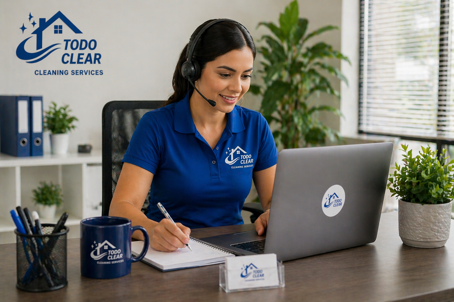 Mujer sonriente en una oficina, con auriculares, rodeada de plantas y artículos con el logo 'Todo Clear' en la mesa y en la laptop.