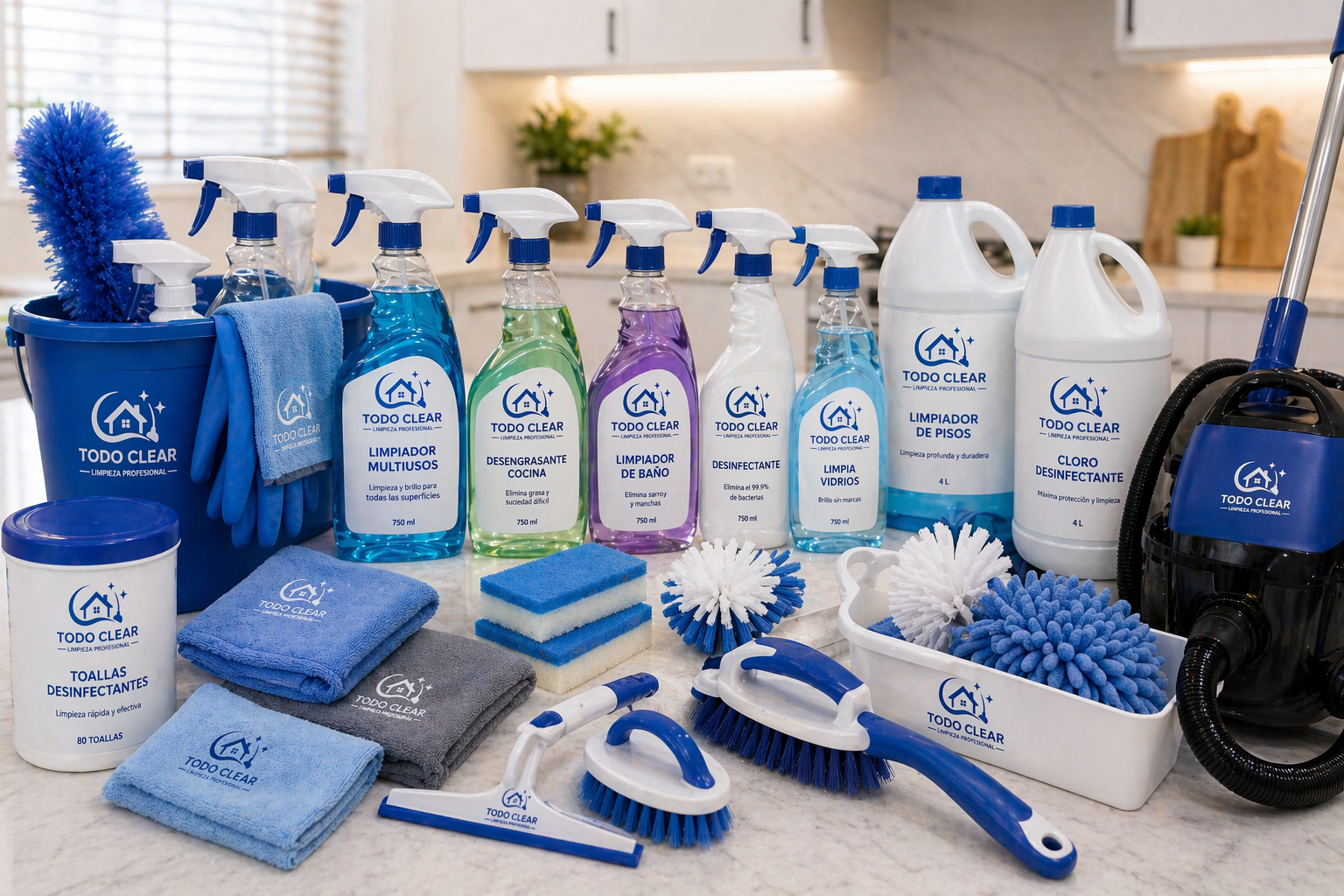 Kit de limpieza con productos y accesorios en tonos azules y blancos, incluyendo botellas, guantes, paños, esponjas y un aspiradora.