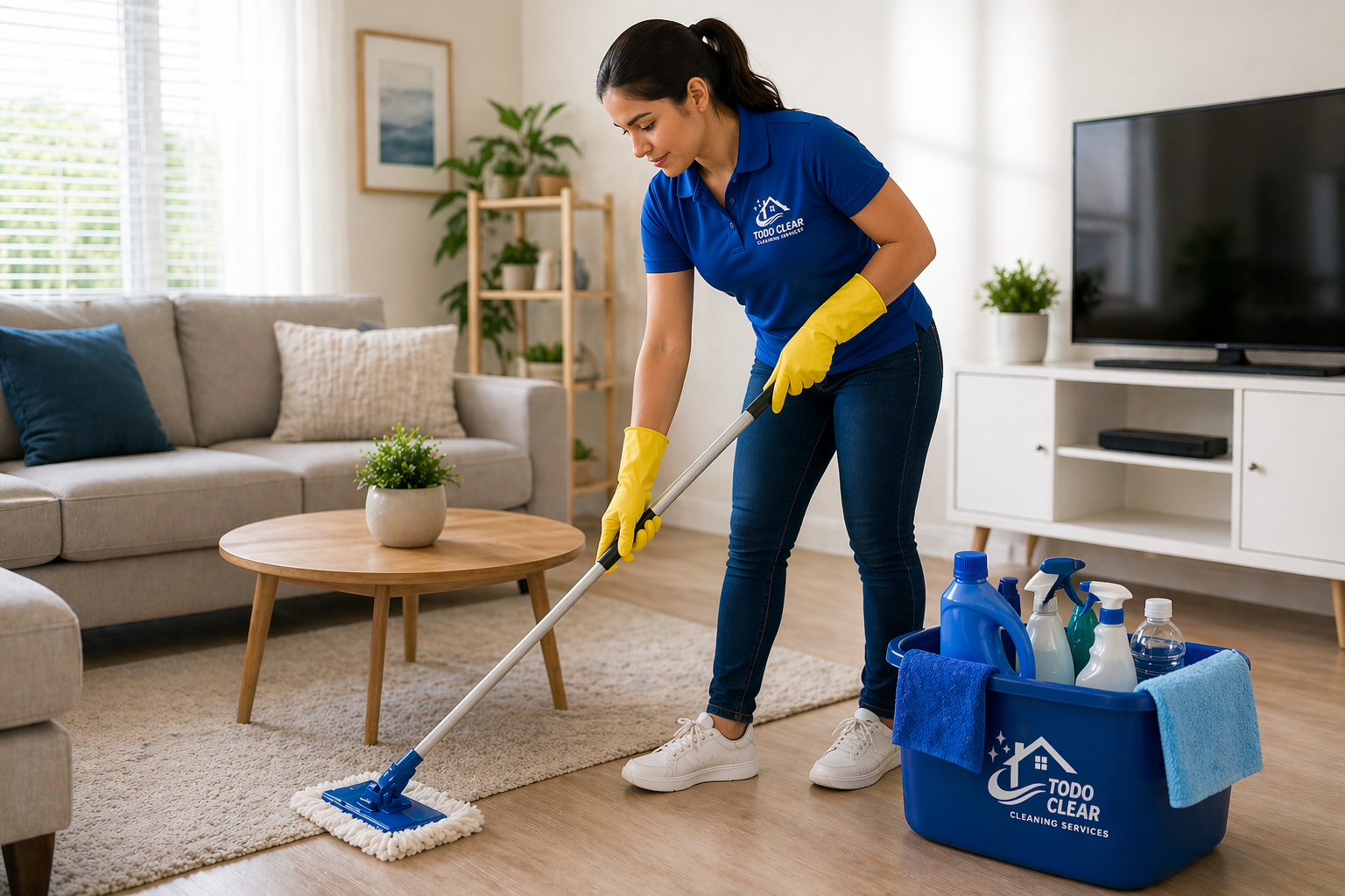 A woman in a blue shirt and yellow gloves cleaning a living room with a mop. There is a blue cleaning bucket with supplies nearby and a tiled floor.