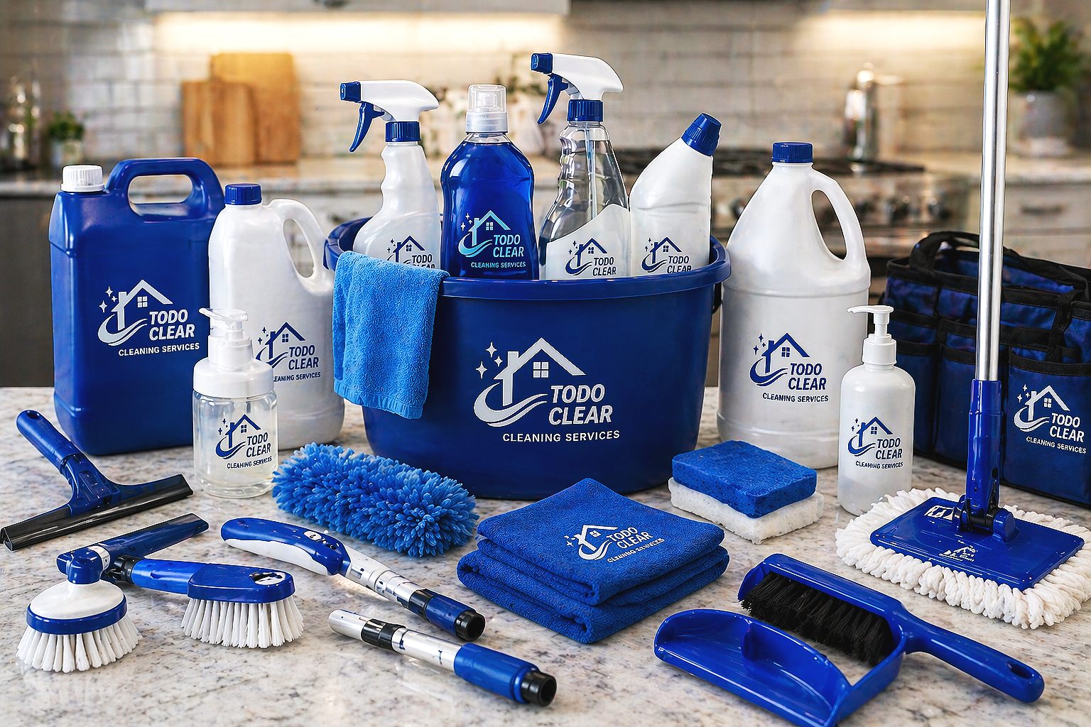 Collection of cleaning supplies and tools in blue and white, including spray bottles, cleaning sponge, microfiber cloths, scrub brushes, squeegee, mop, and a large plastic container with the logo 'Todo Clear Cleaning Services' on a kitchen countertop.