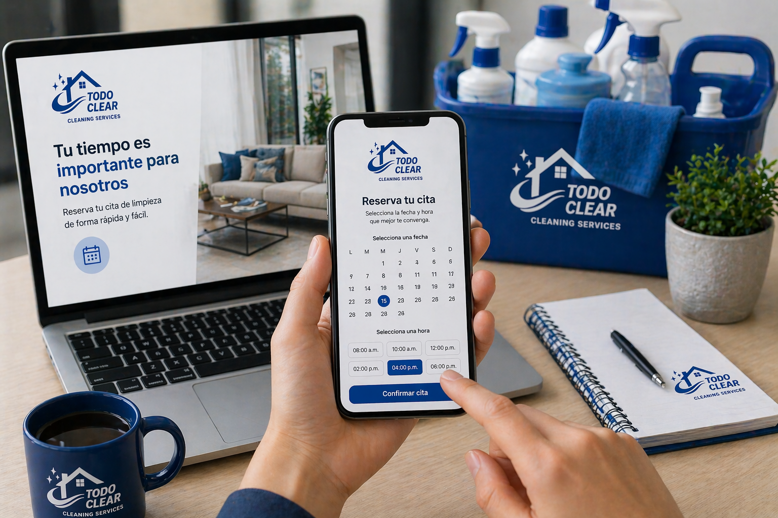 Captura de pantalla de una reserva de cita para un servicio de limpieza en una aplicación móvil de la empresa Todo Clear, con un calendario y selección de hora, en un entorno de oficina con taza, libreta y productos de limpieza.