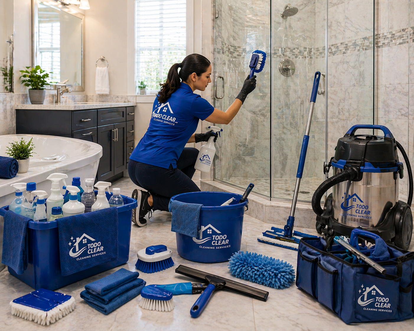 A woman cleaning a glass shower door in a bathroom using a scrubbing brush. She is wearing a blue uniform with 'TODO CLEAR' logo, black gloves, and has cleaning supplies around her, including spray bottles, brushes, a vacuum cleaner, and cleaning cloths.