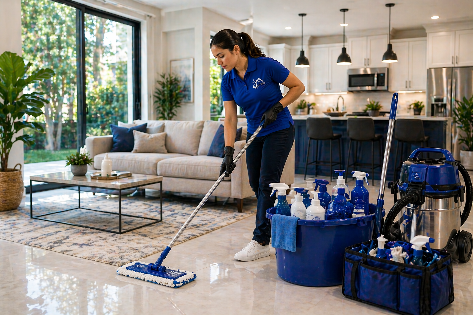 A woman in a blue uniform and black gloves is cleaning a living room with a mop, surrounded by cleaning supplies including spray bottles and a vacuum cleaner.