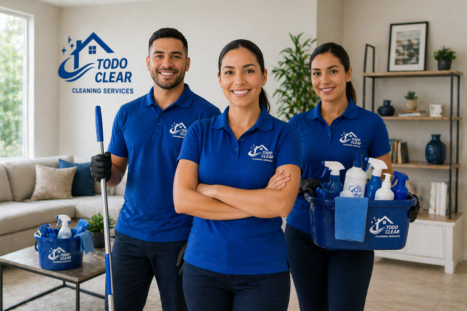 Tres empleados de limpieza con uniforme azul, sosteniendo herramientas y productos de limpieza en una sala de estar, promocionando servicios de limpieza con el logo 'Todo Clear' visible en sus camisetas y en los contenedores.