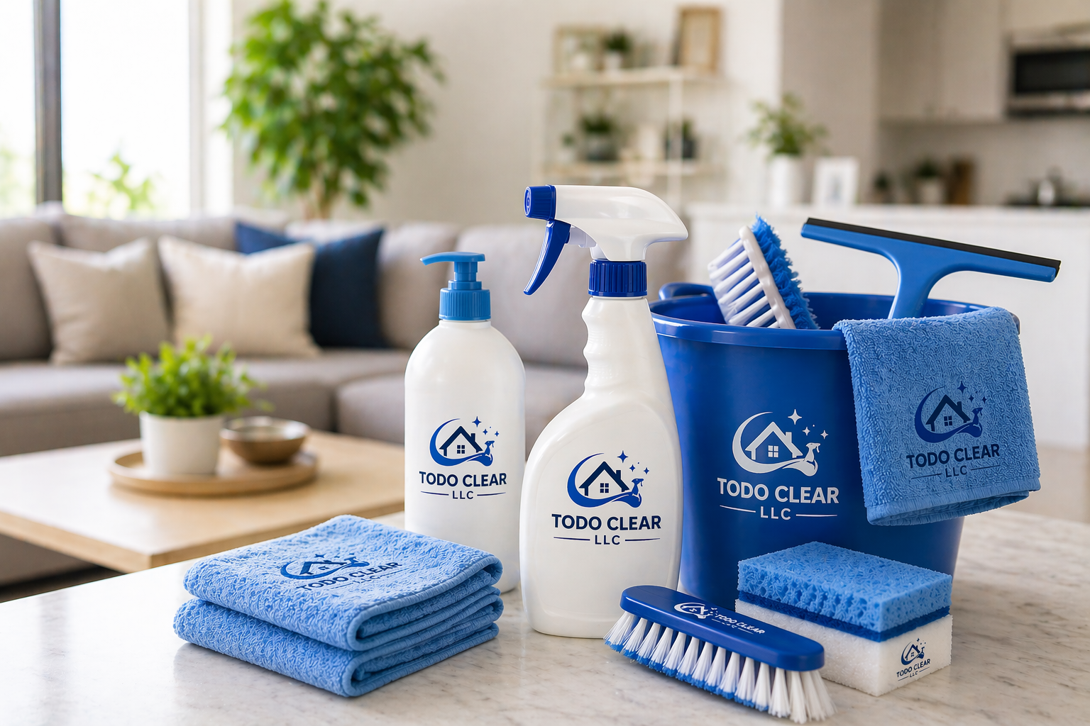 Cleaning supplies with 'Todo Clear LLC' logo, including spray bottles, cleaning cloths, scrub sponge, brush, and a bucket, on a kitchen countertop.