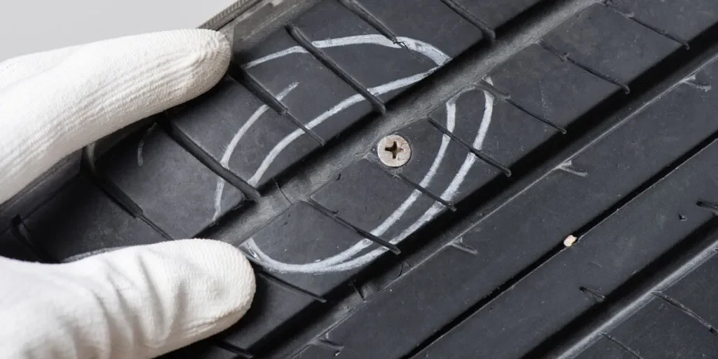 Close-up of a worker's hand wearing a white glove, removing or inspecting a black plastic cover with white chalk markings on a ribbed surface, possibly a car part or equipment.