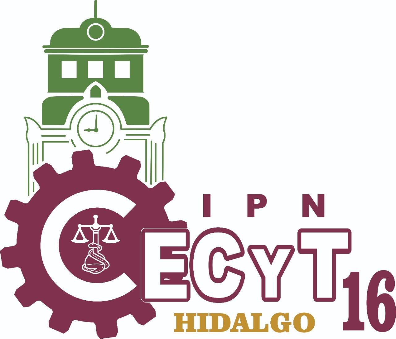 Logotipo de la INPEC Hidalgo 2016 con un engranaje, un edificio con reloj y el símbolo de la balanza de la justicia.