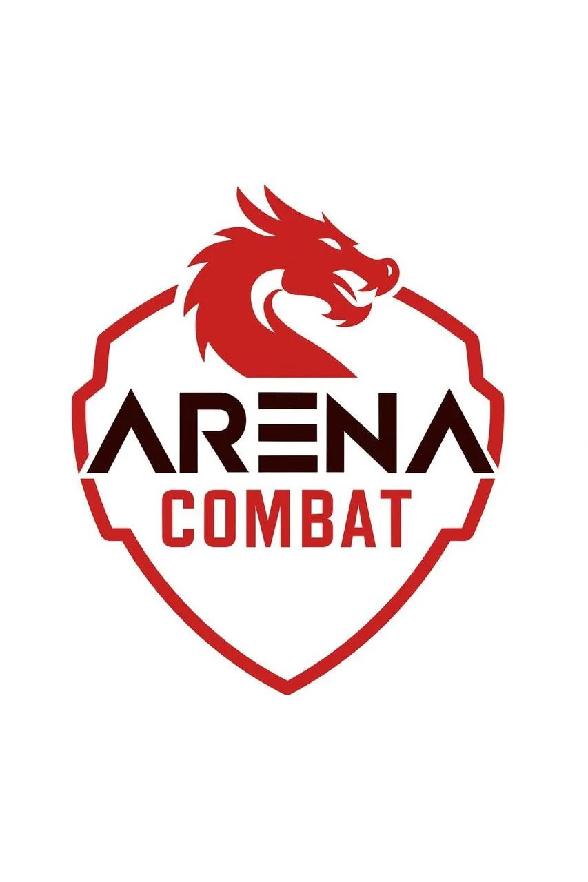 Logotipo de combate de arena con un dragón rojo y texto en letras negras y rojas