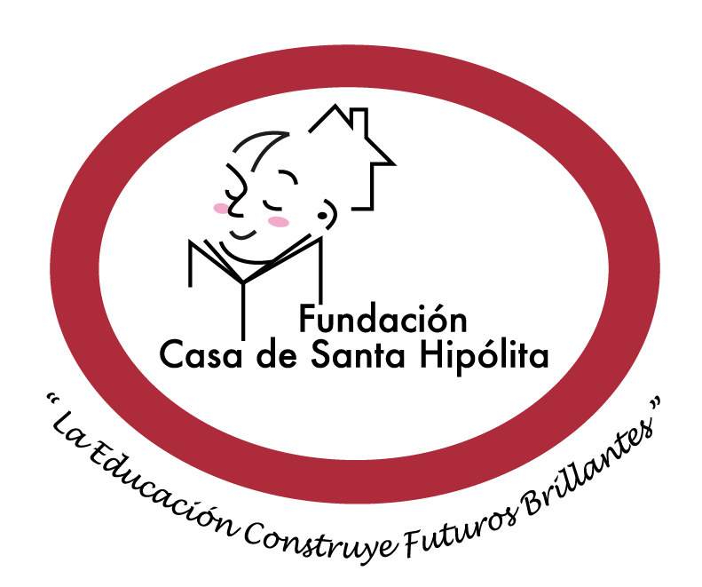 Logo de la Fundación Casa de Santa Hipólita, con una figura estilizada de una persona con un libro y un dibujo de una casa, rodeada por un aro con el texto 'La Educación Construye Futuros Brillantes'.