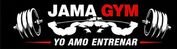 Logo de gimnasio con pesas y el texto 'Jama Gym, Yo Amo Entrenar'.