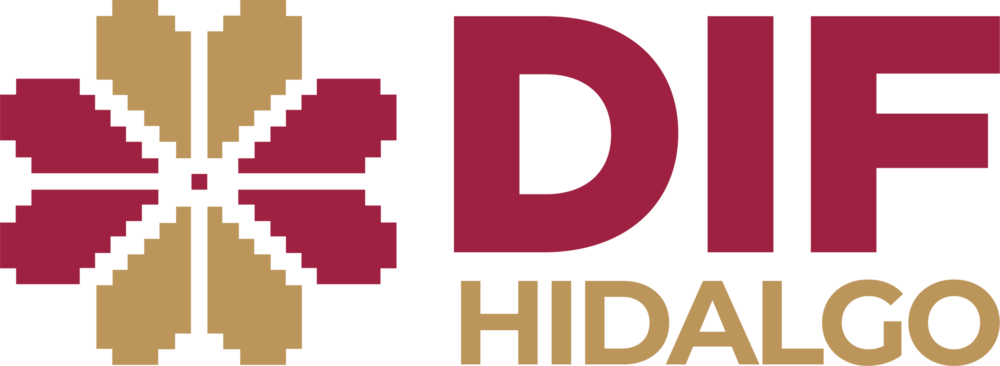 Logotipo de 'DIF Hidalgo' con un diseño pixelado que incluye un símbolo en tonos dorados y burdeos junto al texto 'DIF HIDALGO' en colores similares.
