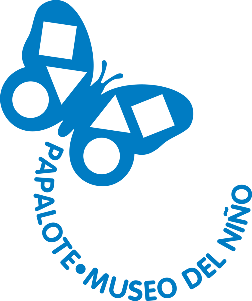 Un logo en azul con una mariposa que tiene patrones de formas geométricas en sus alas, y texto en círculo que dice 'Papaliote: Museo del Niño'.
