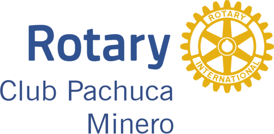 Logo del Rotary Club Pachuca Minero con texto azul y un engranaje dorado con la palabra 'Rotary' en su interior.