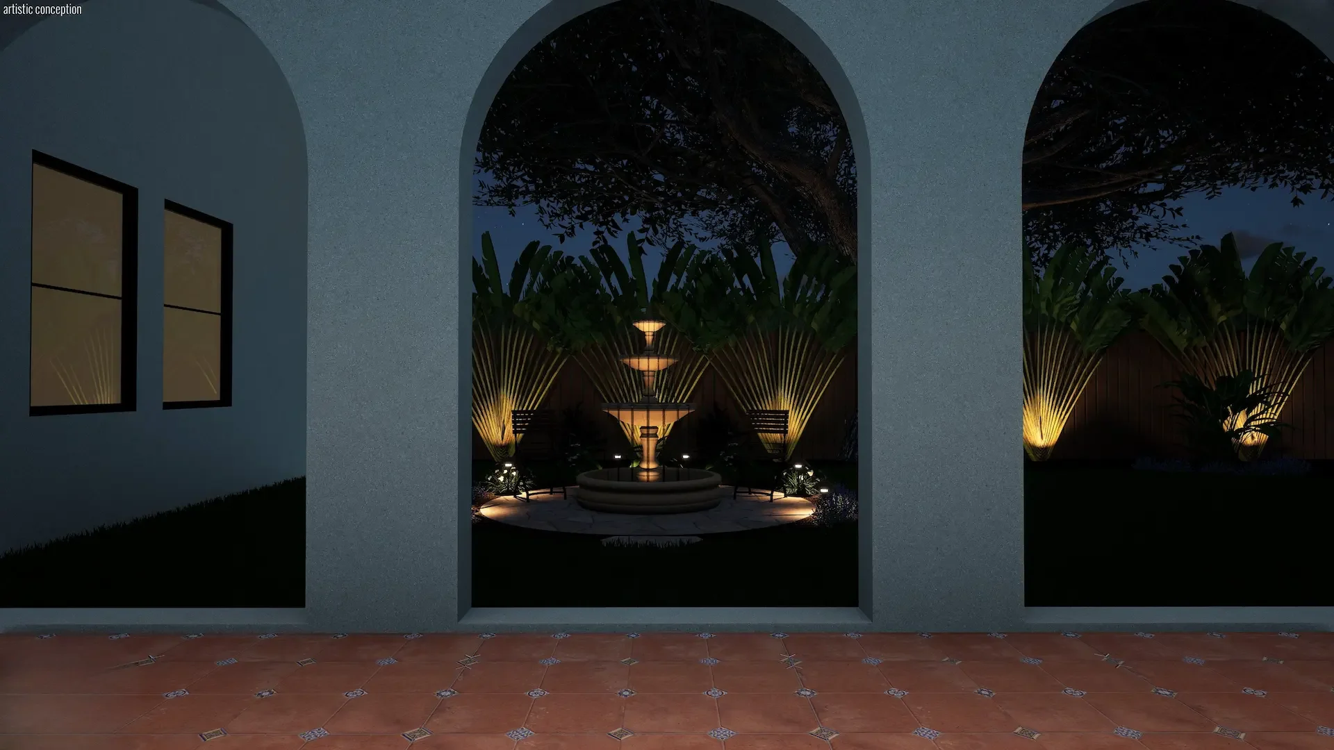 3D rendered Mediterranean courtyard at night with illuminated tiered fountain, uplit traveler palms, and ambient landscape lighting