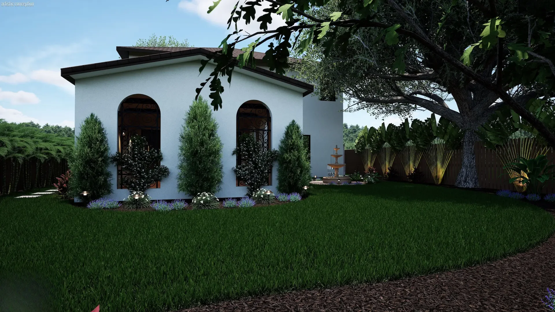 3D rendered Mediterranean casita with arched windows, columnar evergreens, fountain, and landscape lighting