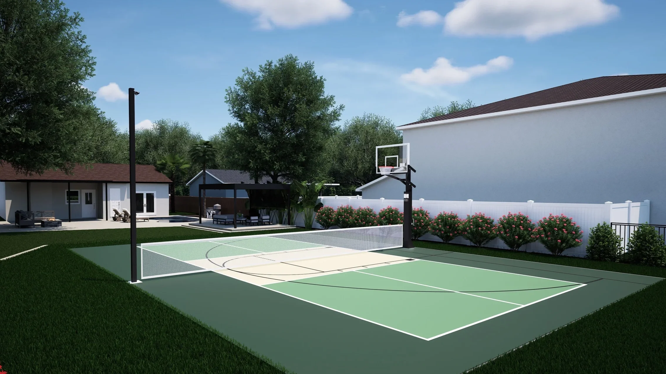 3D rendered residential sport court for basketball and pickleball with pergola lounge and pool beyond