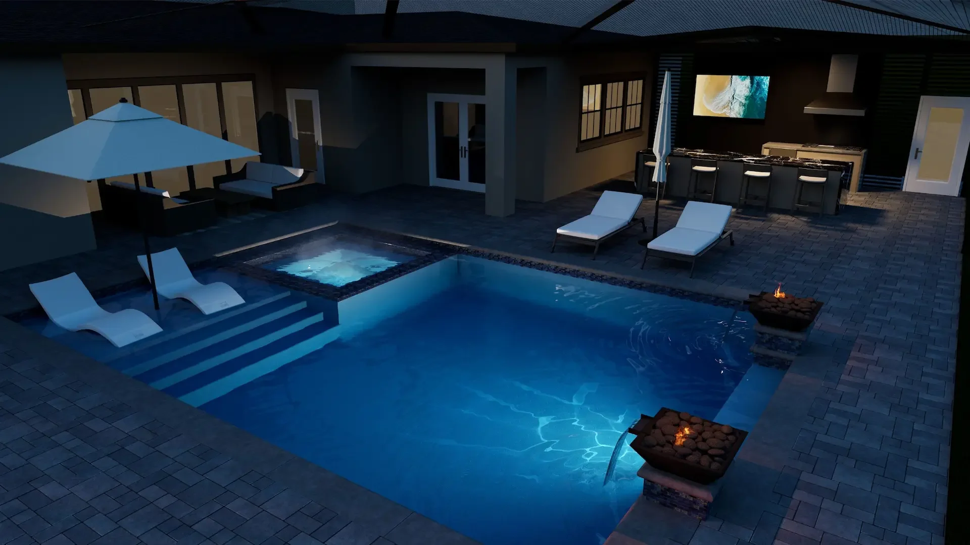 3D rendered modern backyard with pool, spa, fire bowl water features, outdoor kitchen, and lounge seating at night