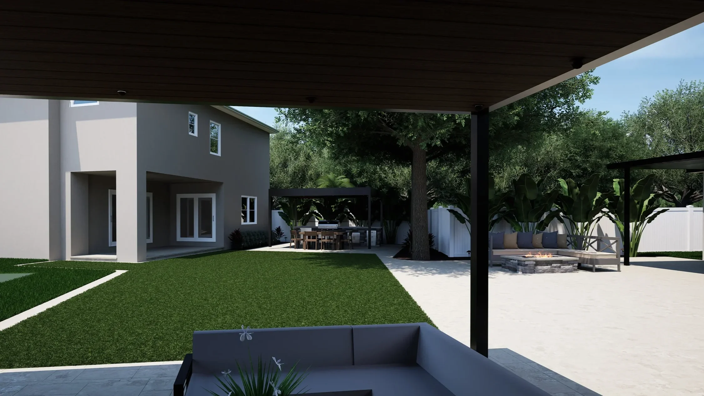 3D rendered view from a covered pergola across a turf lawn toward a home with open sliders and outdoor kitchen