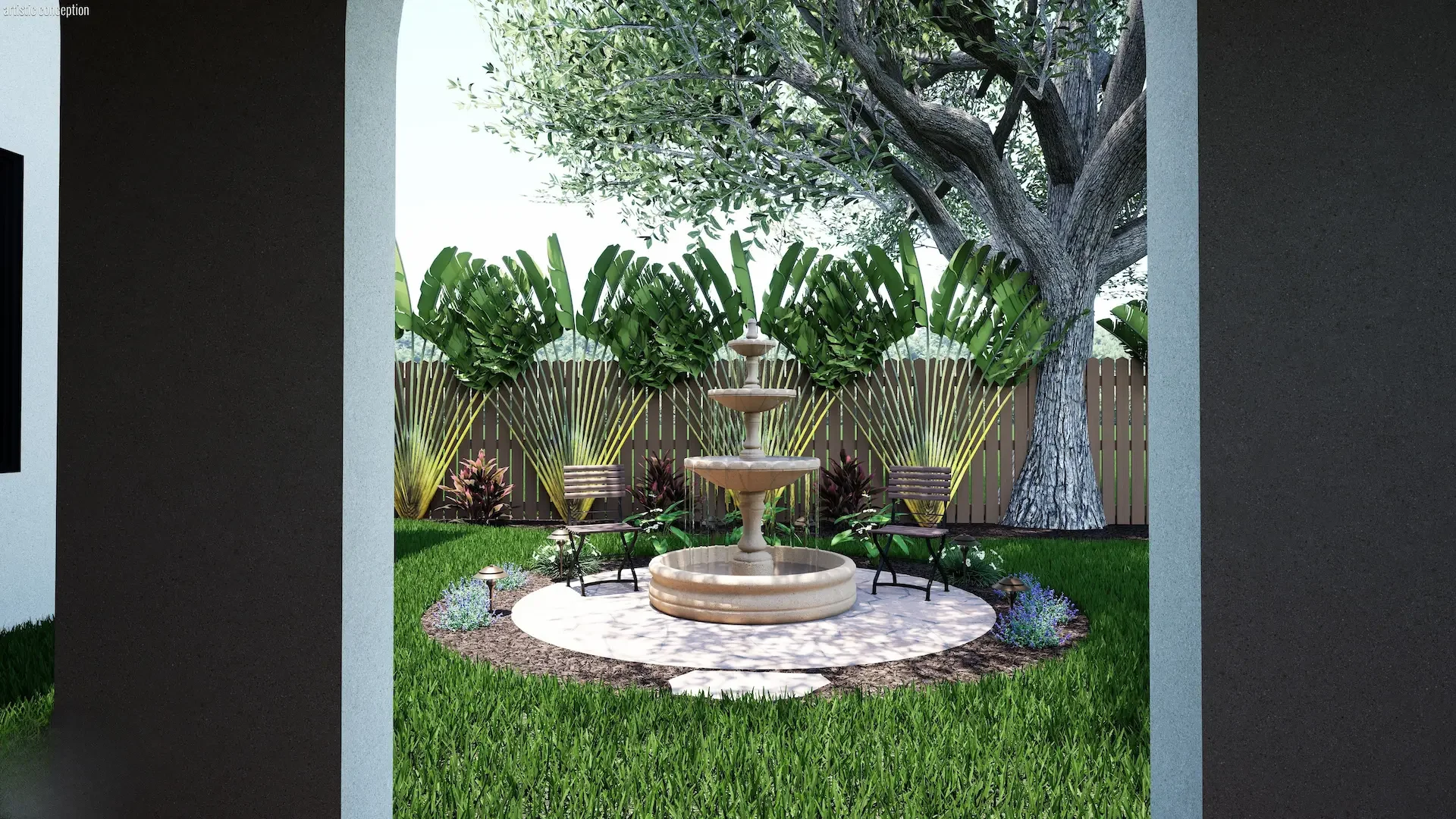 3D rendered Mediterranean courtyard with tiered stone fountain, bistro seating, traveler palms, and landscape lighting