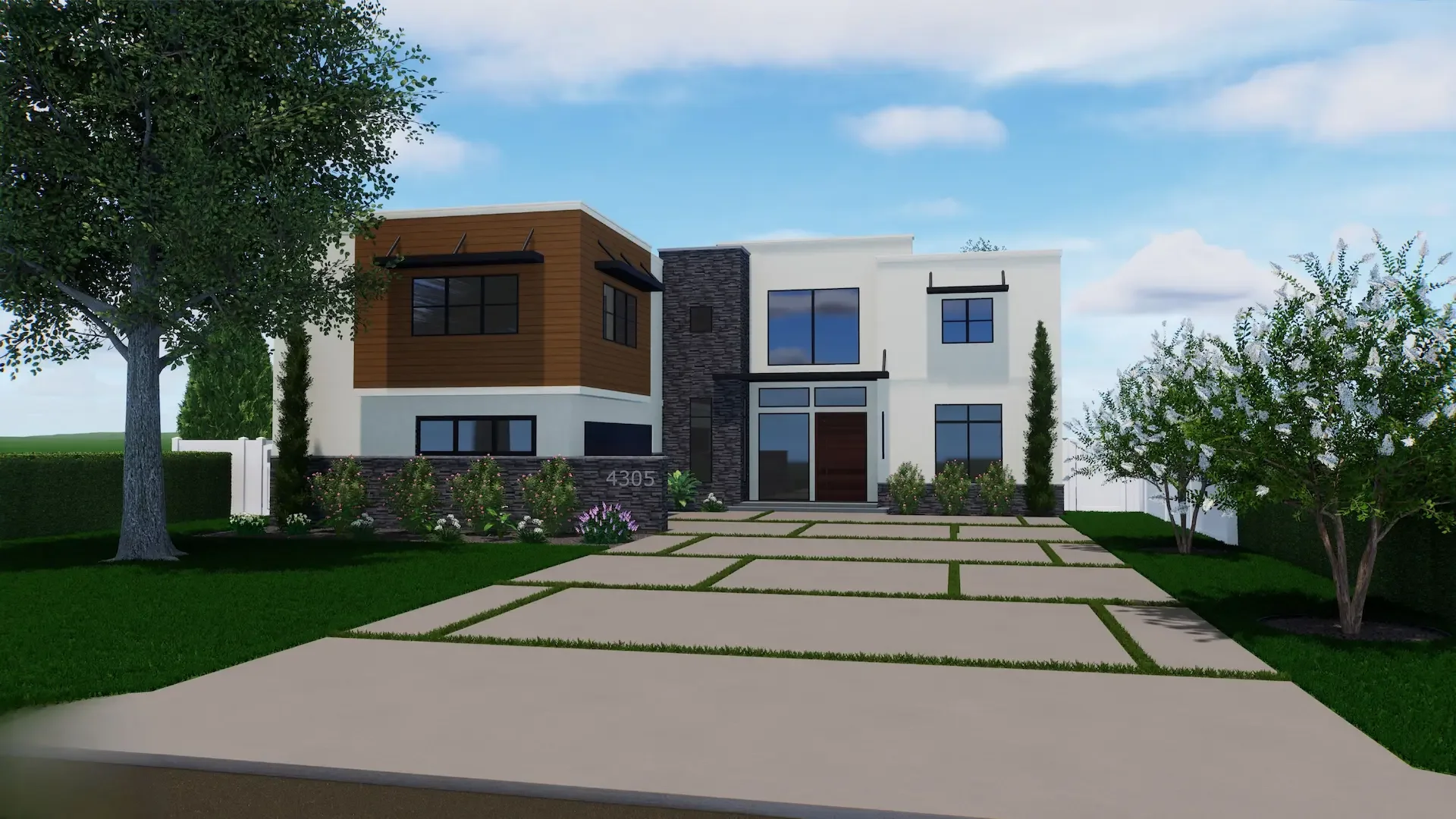 Modern luxury home landscaping in 3d