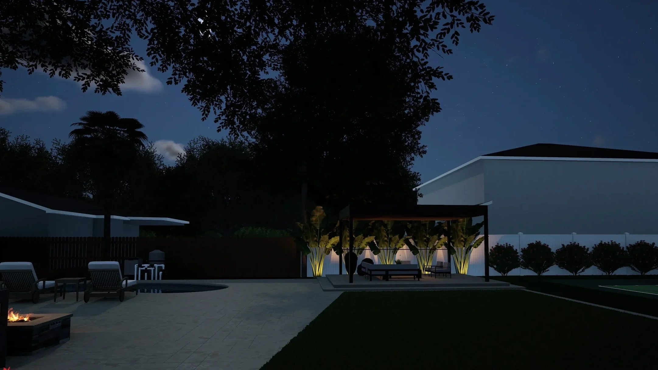 3D rendered pool terrace at night with uplit travelers palms, illuminated pergola lounge, and fire pit