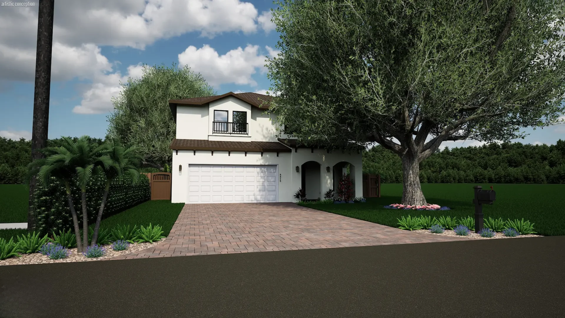 3D rendered Mediterranean style home with paver driveway, palm trees, oak shade tree, and foundation plantings