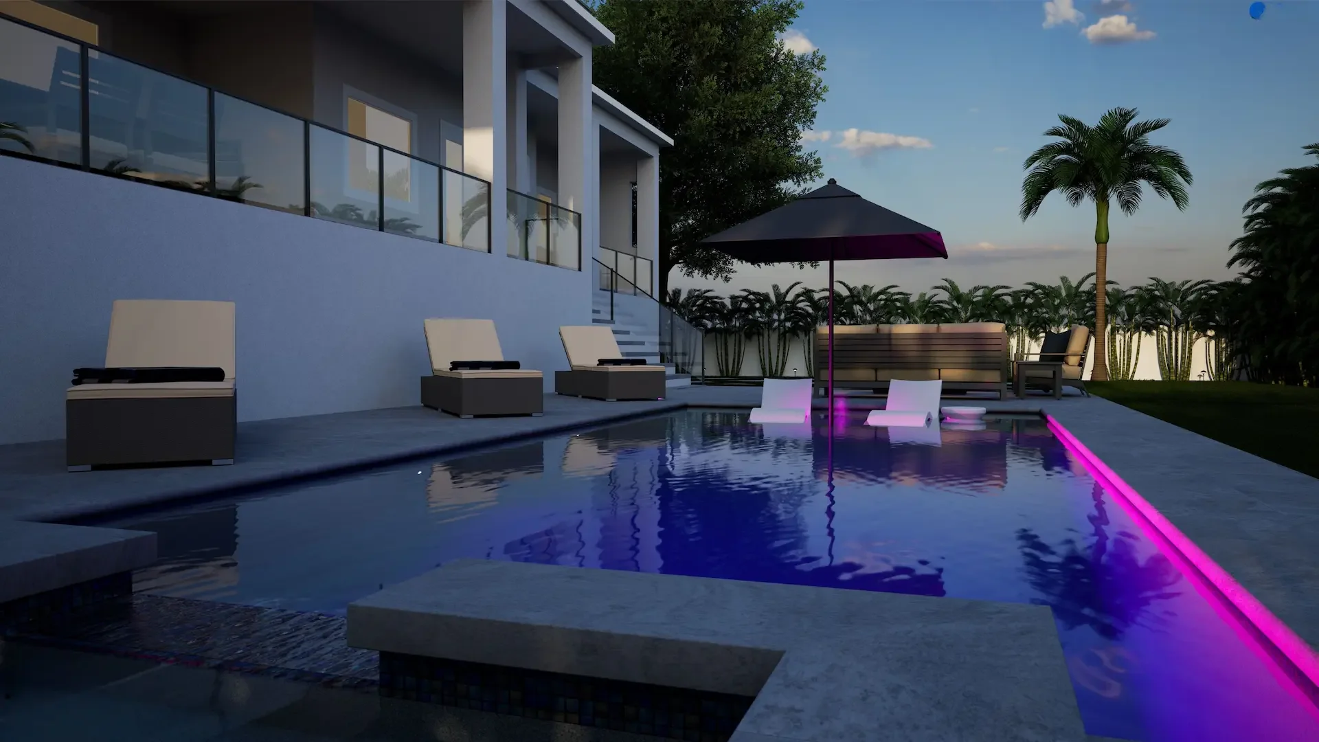 3D rendered modern luxury pool design at dusk with magenta LED accent lighting, glass railings, and tropical landscaping