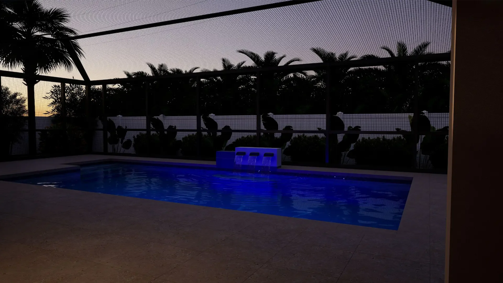 3d rendering of a luxury Mediterranean style pool with water feature