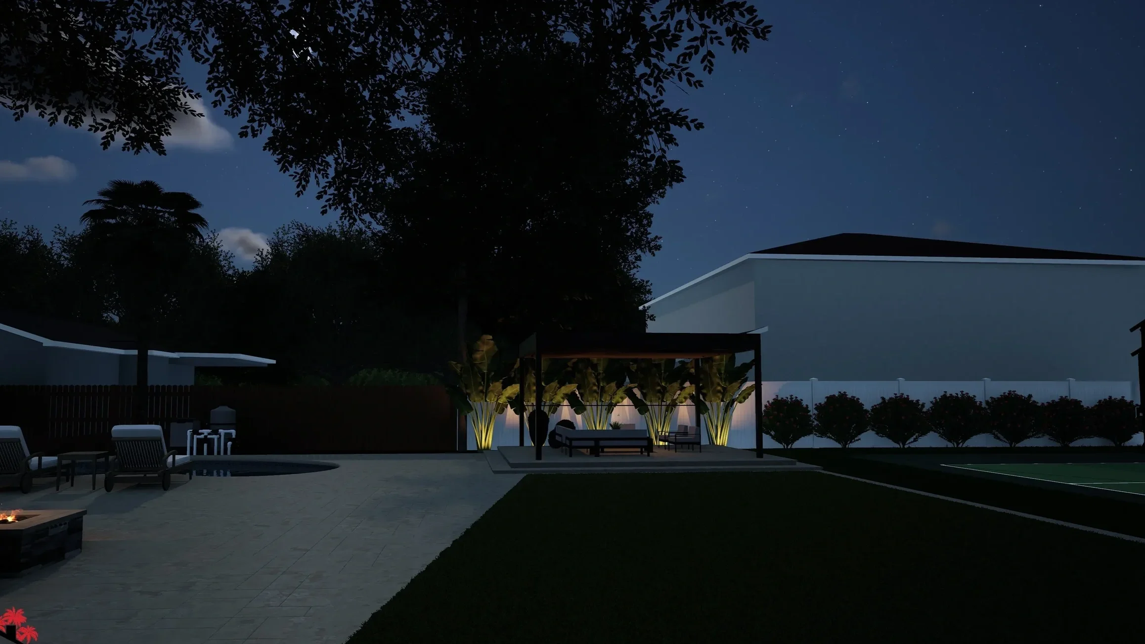 3D rendered pool terrace at night with uplit travelers palms, illuminated pergola lounge, and fire pit