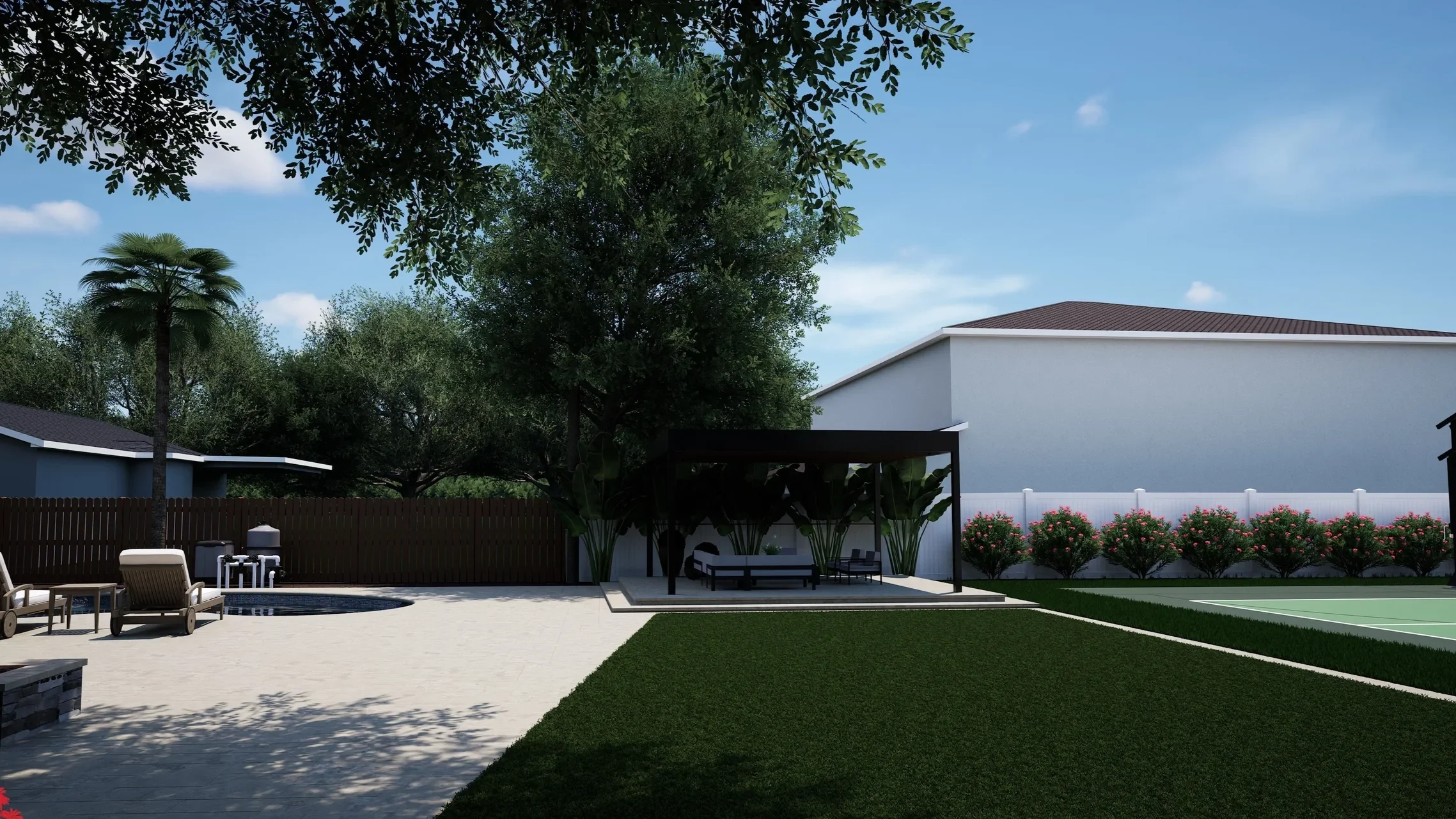 3D rendered pool terrace with travertine deck, fire pit lounge seating, and louvered pergola in daylight